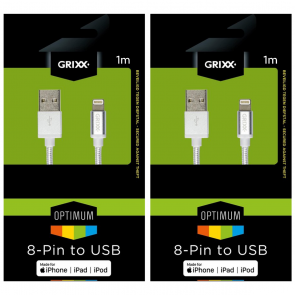 Grixx Optimum Apple Lightning - USB A kabel, 1 m + 1 m, wit, 2-pack